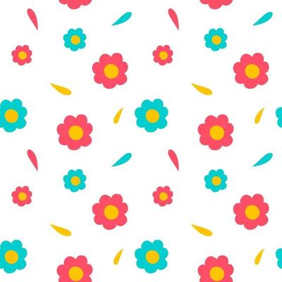 Simple floral seamless pattern with red and blue flowers on a white background. Vector endless texture for summer kids design in cartoon style