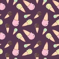Seamless pattern with multicolored ice creams in waffle cones. Vector illustration on a dark background in a cartoon style with a stroke