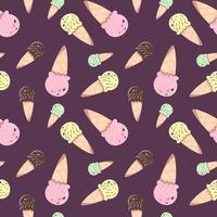 Seamless pattern with multicolored ice creams in waffle cones. Vector illustration on a dark background in a cartoon style with a stroke