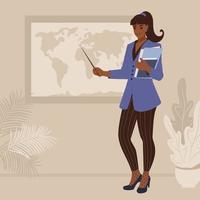 A young woman geography teacher at school points to a map of the world. Cartoon vector illustration