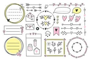 Cute bullet journal element doodles with hearts, love theme.Hand drawn banners and marks for notebook, planner or diary.Frames, borders, vignettes, dividers,notes,lists collection.Vector illustration vector