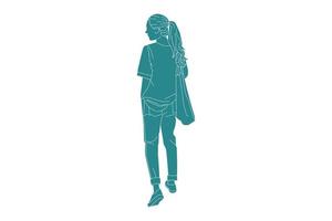 Vector illustration of casual woman walking on the sideroad looks from behind, Flat style with outline