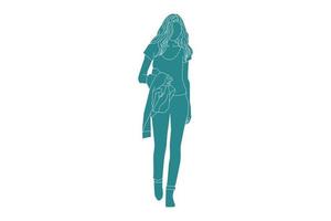 Ilustración vectorial de mujer caminando por la calle lateral, estilo plano con contorno vector