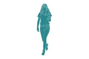 Ilustración vectorial de mujer caminando por la calle lateral con teléfono, estilo plano con contorno
