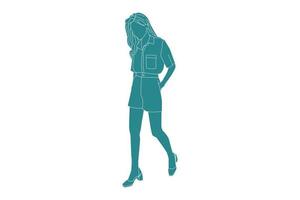 Ilustración vectorial de mujer casual caminando por la calle lateral, estilo plano con contorno vector