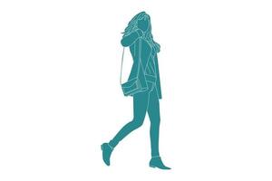 ilustración vectorial de mujer traer mini bolso, estilo plano con contorno vector