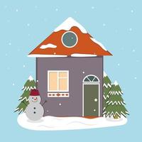 Cute winter houses in the Christmas holiday for decoration and decoration of postcards, vector illustration