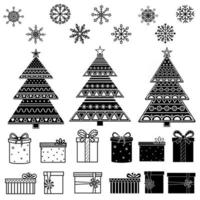 Set of Christmas holiday elements, black outline, stencil, vector illustration