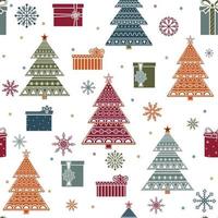 Seamless pattern with colorful Christmas trees with ornaments and gifts on a white background vector