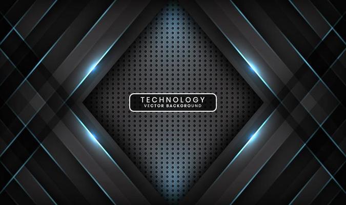 Abstract 3D black techno background overlap layers on dark space with blue light line effect decoration. Modern design template element style for flyer, card, cover, brochure, or landing page