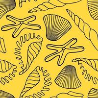 Seamless pattern with exotic seashells and starfish on a yellow background in vector