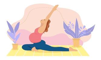 mujer embarazada meditando en casa. Ilustración del concepto de yoga prenatal, meditación, relajación, recreación, estilo de vida saludable. ilustración en estilo de dibujos animados plana. vector