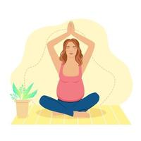 mujer embarazada meditando en casa. Ilustración del concepto de yoga prenatal, meditación, relajación, recreación, estilo de vida saludable. ilustración en estilo de dibujos animados plana. vector