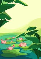 Landscape with blooming lotuses. Natural scenery in vertical orientation. vector