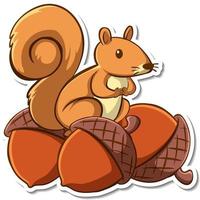 Sticker design with a squirrel on many acorns isolated vector