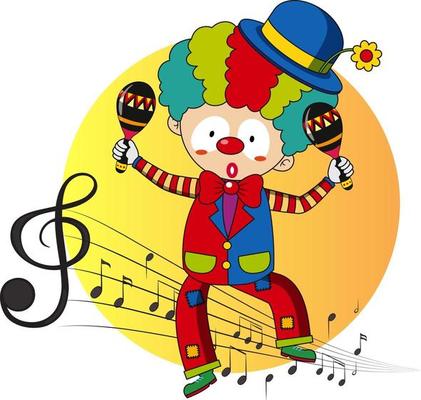 Cartoon character of a clown dances with musical melody symbols