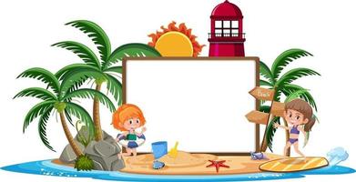 Plantilla de banner vacío con carácter de niños en vacaciones de verano en la playa sobre fondo blanco. vector