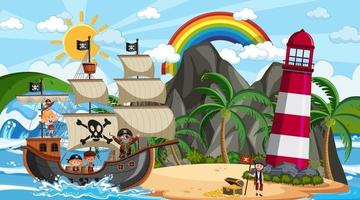 playa con barco pirata en la escena diurna en estilo de dibujos animados vector