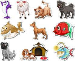 Set of stickers with sea animals and dogs cartoon character vector