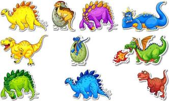 Sticker set with different types of dinosaurs cartoon characters vector