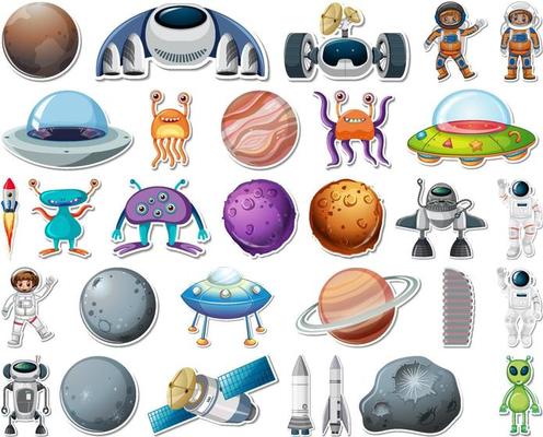 Set of stickers with Solar system objects isolated