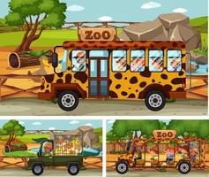 Different safari scenes with animals and kids cartoon character vector