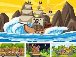 Conjunto de diferentes escenas con barco pirata en el mar y animales en el zoológico. vector