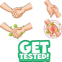 Get Tested font in cartoon style with hands holding together on white background vector