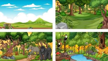 Conjunto de escena horizontal de bosque diferente con varios animales salvajes vector