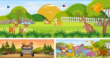 conjunto de diferentes escenas de paisajes panorámicos al aire libre con personaje de dibujos animados vector