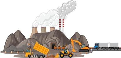 Coal mining scene with different types of construction trucks vector