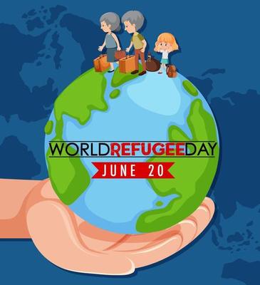 World Refugee Day banner with people character on globe sign on white background