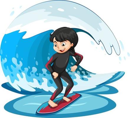 Girl standing on a surfboard with water wave