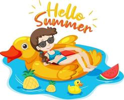 Hello Summer logo banner with a girl laying on swimming ring isolated vector