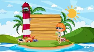 Empty wooden banner template with kids on vacation at the beach daytime scene vector