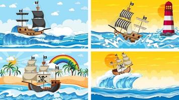 Set of Ocean with Pirate ship at different times scenes  in cartoon style vector