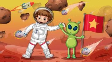 Chica astronauta con un extraterrestre de pie sobre un asteroide en la escena espacial vector