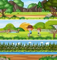 Different panoramic nature landscape set with cartoon character vector