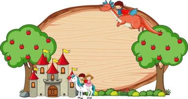 Empty wooden banner with fairy tale cartoon character and elements isolated vector