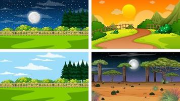 cuatro escenas diferentes de parque natural y bosque. vector