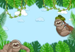 Empty banner with tropical leaves frame and sloth cartoon character vector