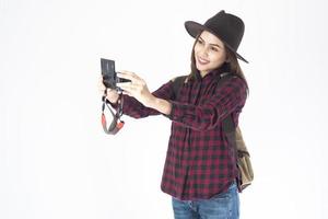 Beautiful traveller woman on white background photo