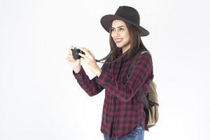 Beautiful traveller woman on white background photo