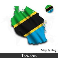 bandera y mapa de tanzania. agitando diseño textil. fondo del mapa del mundo de puntos. vector