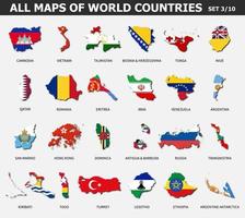 todos los mapas de países y banderas del mundo. conjunto 3 de 10. colección de forma de contorno del mapa internacional del país con sombra. diseño plano . vector.