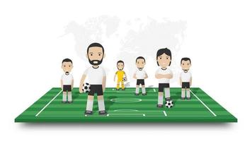 Soccer players team stand on perspective football field . Dotted world map on white isolated background . Sportsman cartoon character . 3D Vector design .