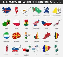 All maps of world countries and flags . Set 2 of 10 . Collection of outline shape of international country map with shadow . Flat design . Vector .