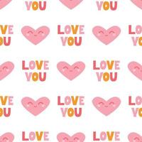 Pink heart with a smile and hand-written I love you on a white background. Vector seamless pattern