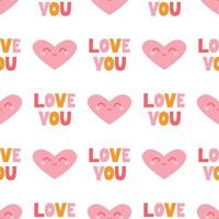 Pink heart with a smile and hand-written I love you on a white background. Vector seamless pattern