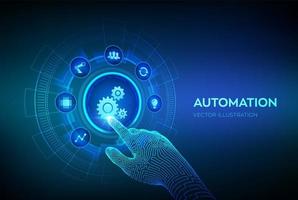 software de automatización. iot y el concepto de automatización como innovación, mejorando la productividad en tecnología y procesos de negocio. mano robótica tocando la interfaz digital. vector